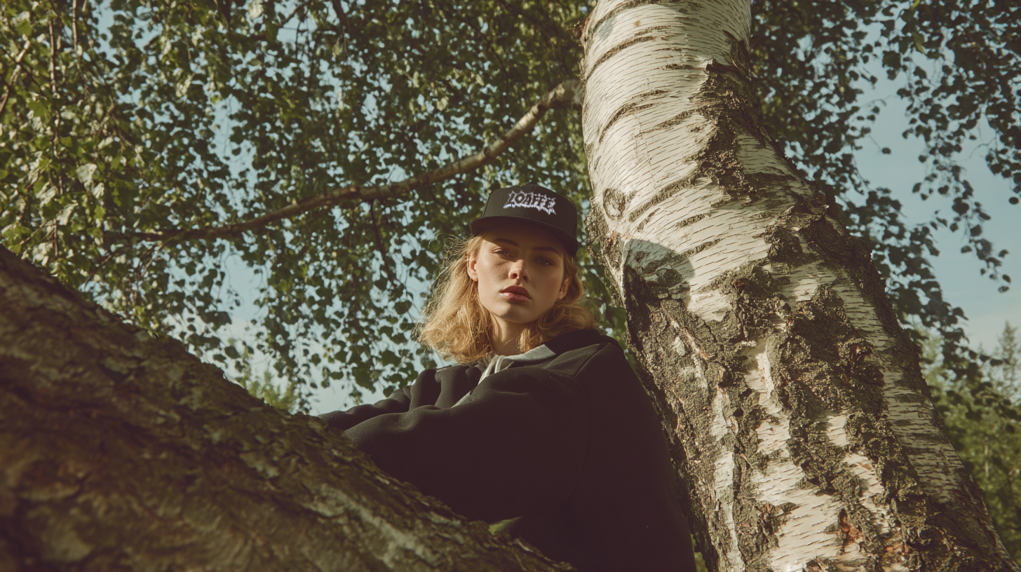 Person wearing a cap and sitting against a tree in a forest